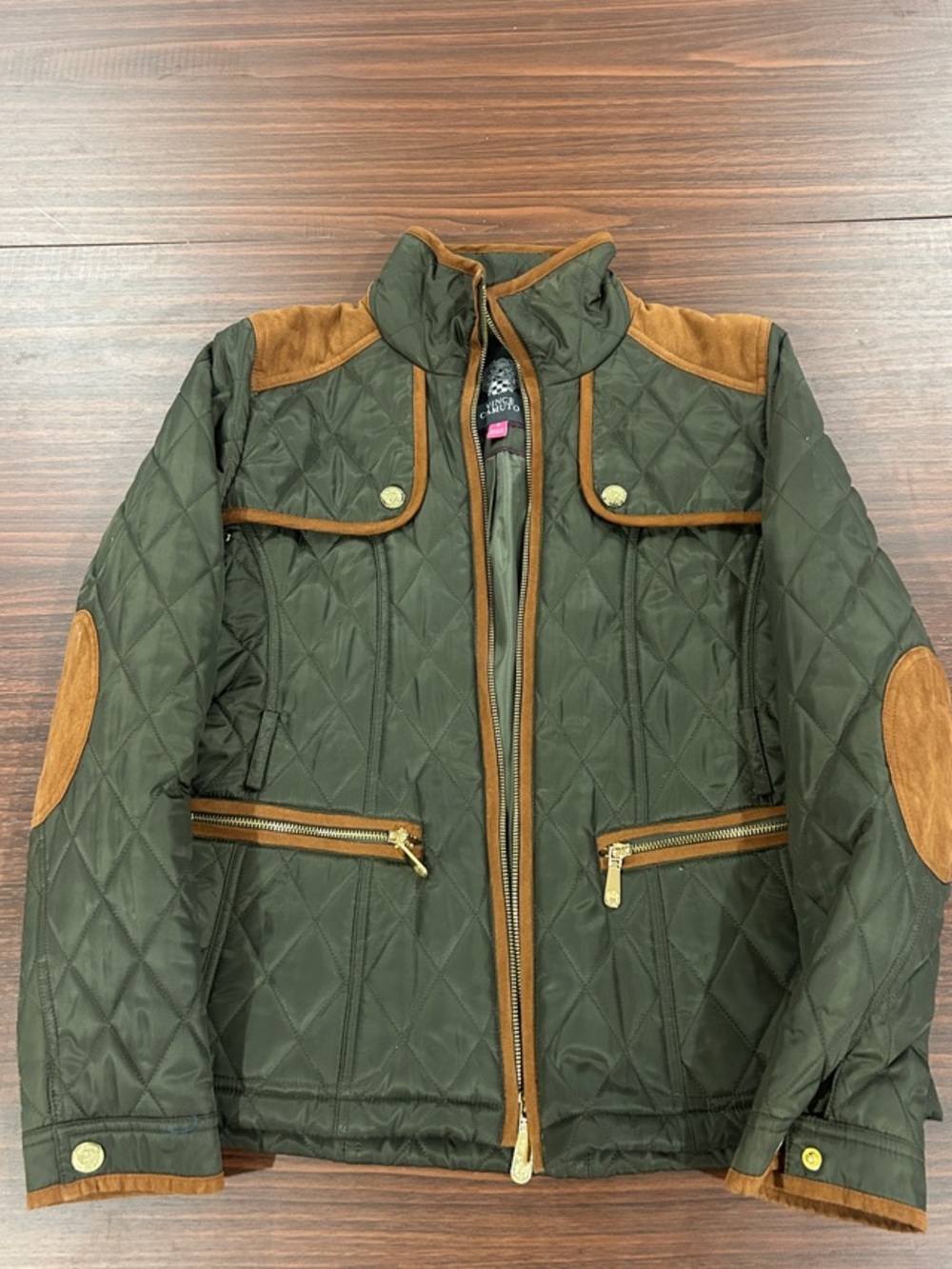 Vince Camuto Quilted Green Jacket with Brown Suede Trim Elbow Patches